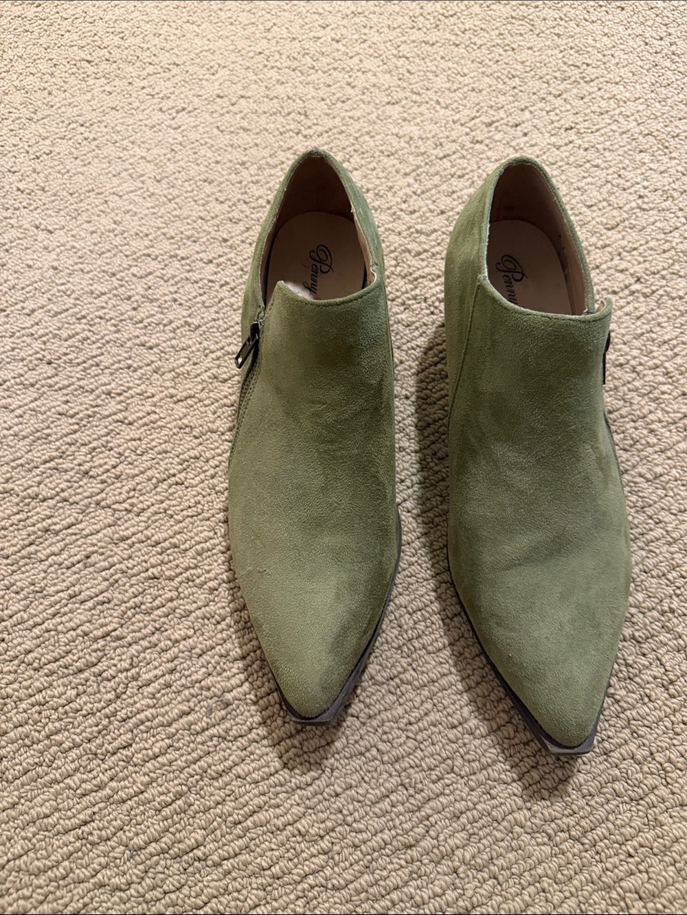 Penny Loves Kenny Olive Green Suede Pointed Ankle Booties